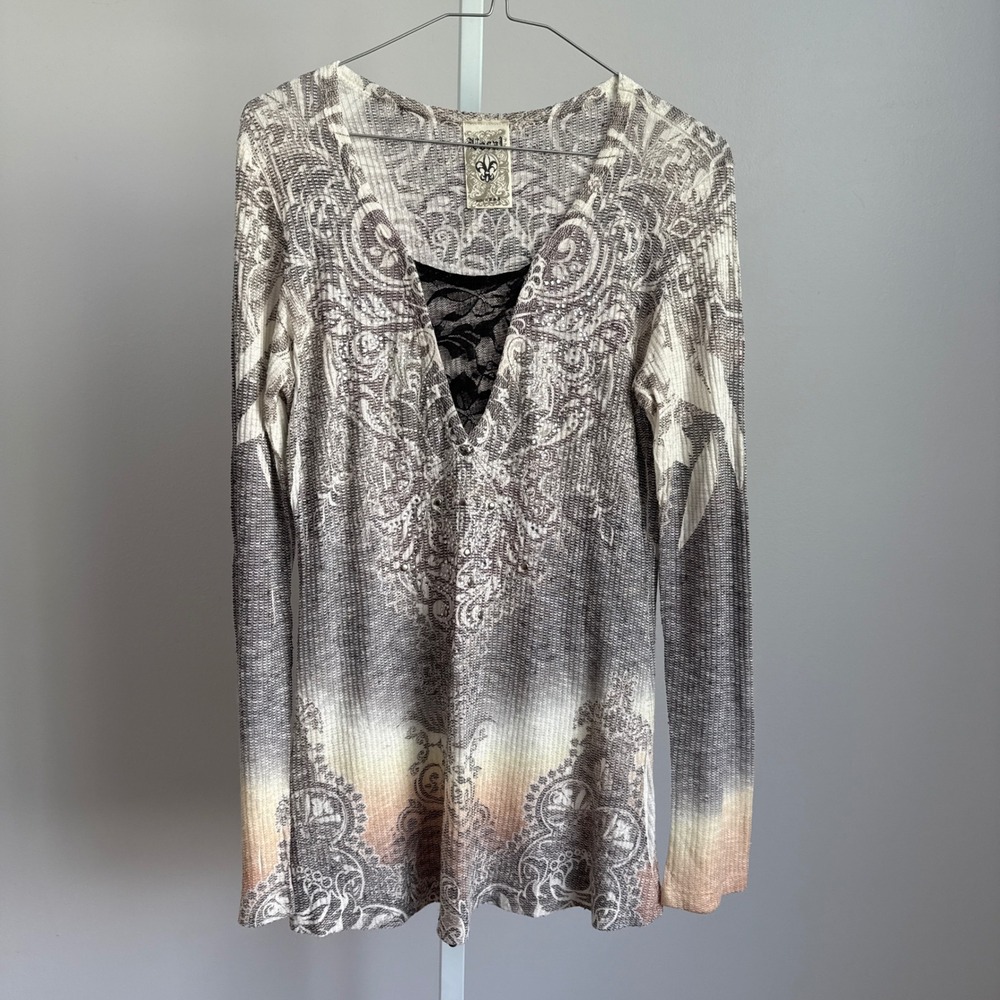 VTG Spiritual Girl Y2K Bling Tunic Top Rhinestone Embellished Long Sleeve sz‎ L